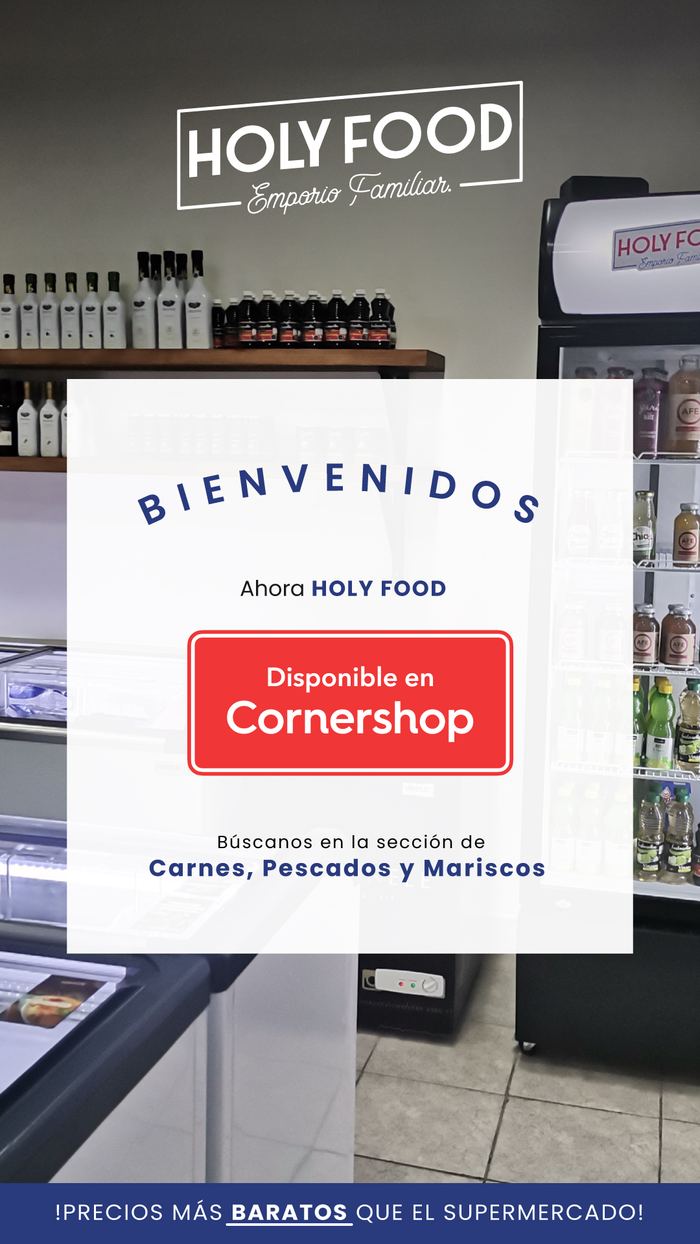 Pieza anunciando la disponibilidad de Holy Food en Cornershop, con el bloque de acción en el rojo de la plataforma