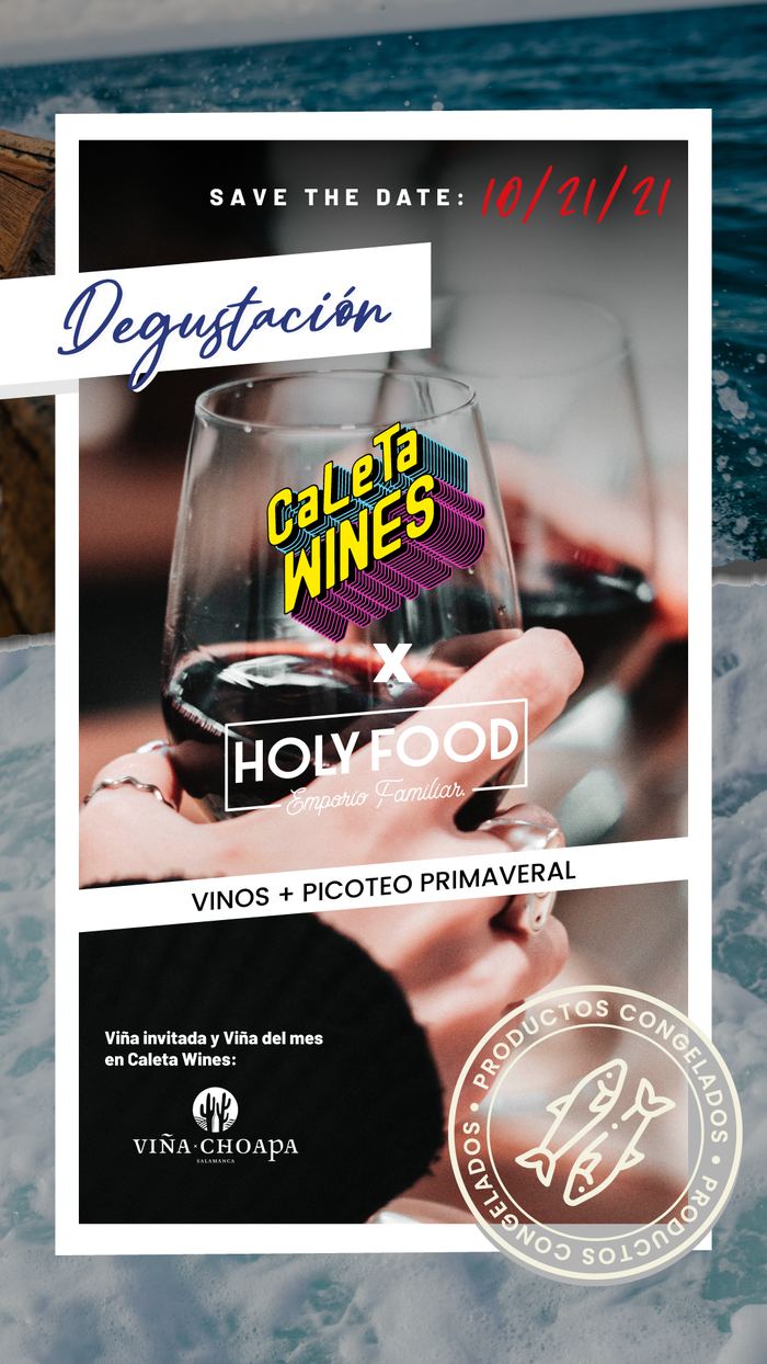 Pieza de degustación con Caleta Wines y Viña Choapa, con el logotipo monocromo de Holy Food y el sello como filigrana