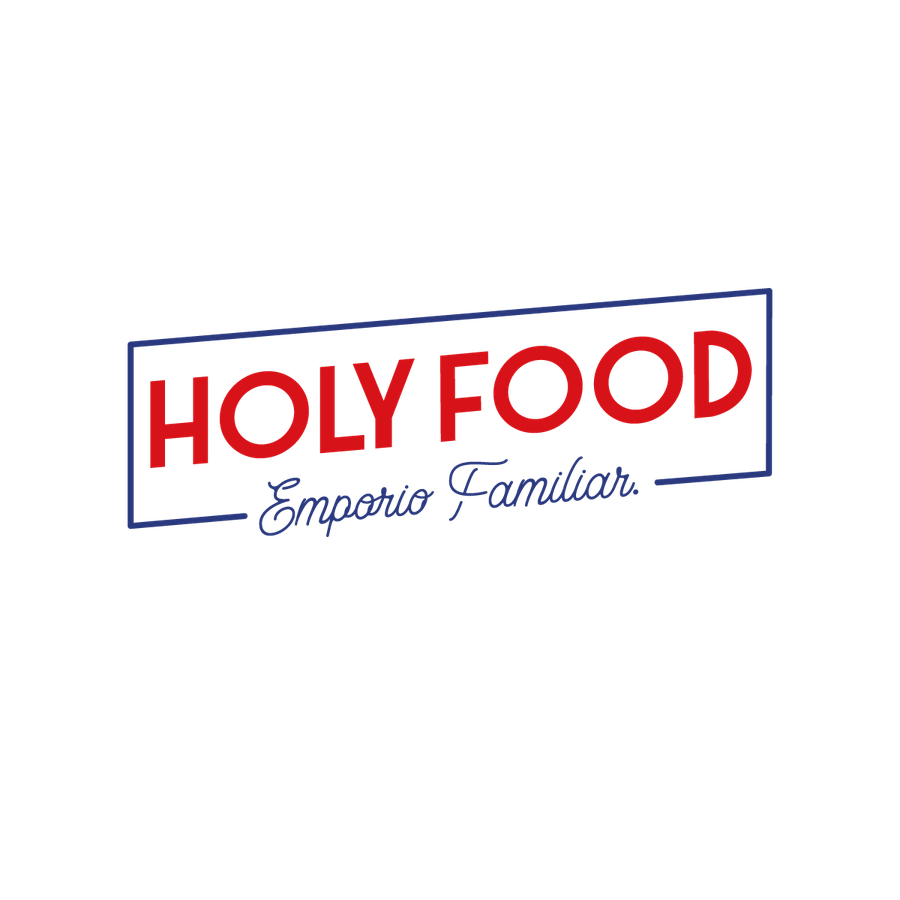 Logotipo Holy Food en su versión principal, rojo y azul marino sobre crema