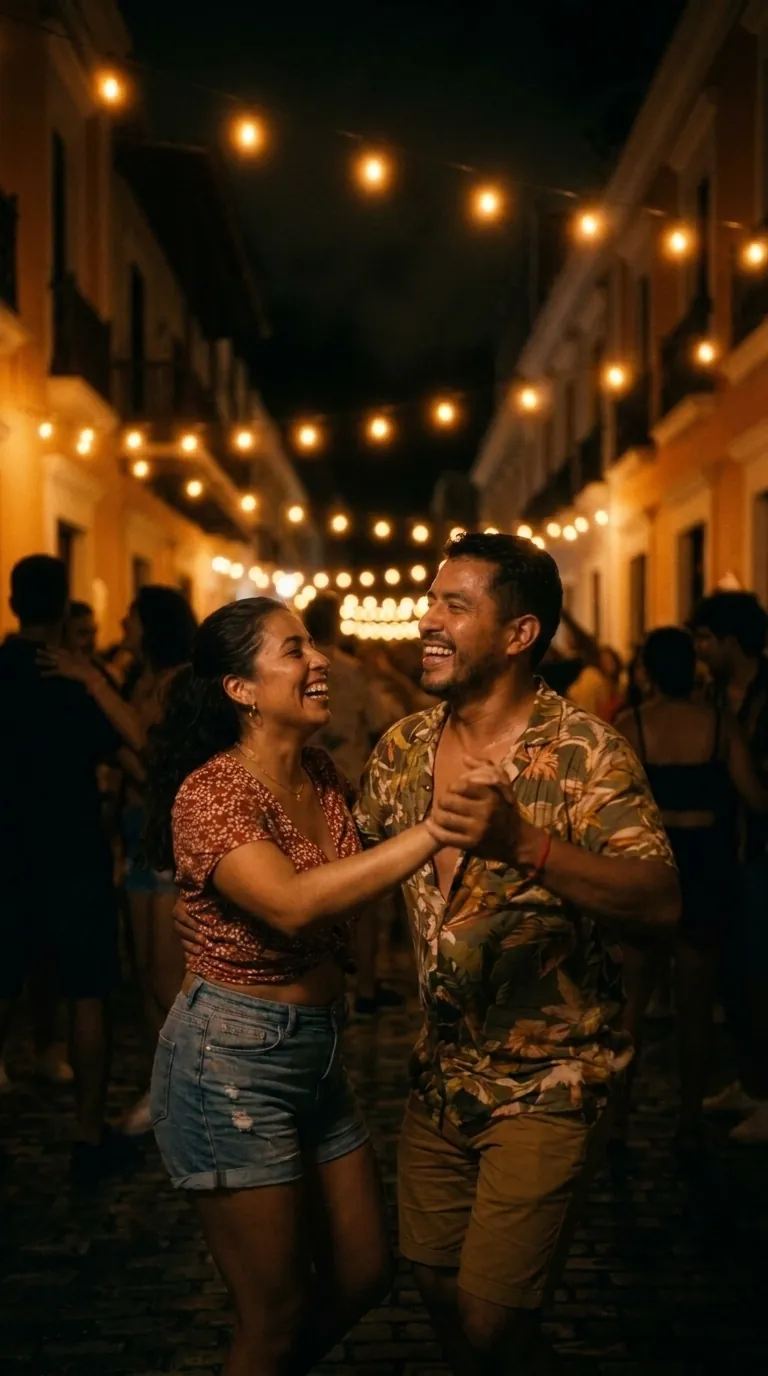 Pareja bailando en una calle iluminada