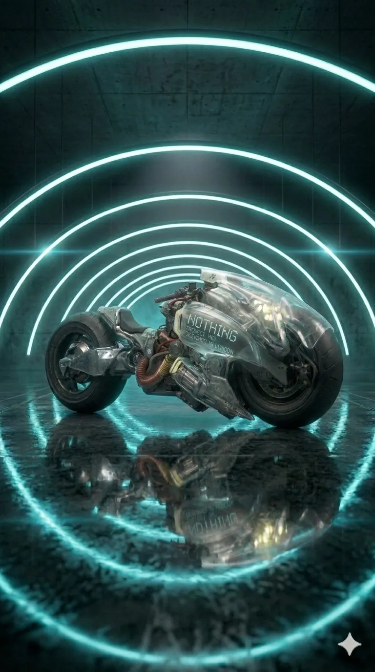 Motocicleta futurista entre anillos de neon